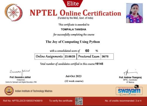 Tanisha The Joy of Computing using Python_July-Oct 2023